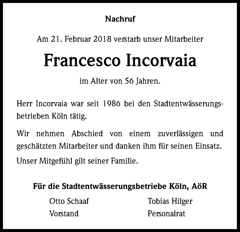  Traueranzeige für Francesco Incorvaia vom 03.03.2018 aus Kölner Stadt-Anzeiger / Kölnische Rundschau / Express