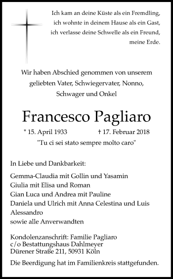 Anzeige von Francesco Pagliaro von Kölner Stadt-Anzeiger / Kölnische Rundschau / Express