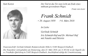 Anzeige von Frank Schmidt von Kölner Stadt-Anzeiger / Kölnische Rundschau / Express