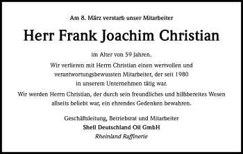 Anzeige von Frank Joachim Christian von Kölner Stadt-Anzeiger / Kölnische Rundschau / Express