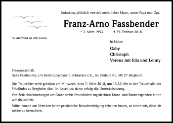 Anzeige von Franz-Arno Fassbender von Kölner Stadt-Anzeiger / Kölnische Rundschau / Express