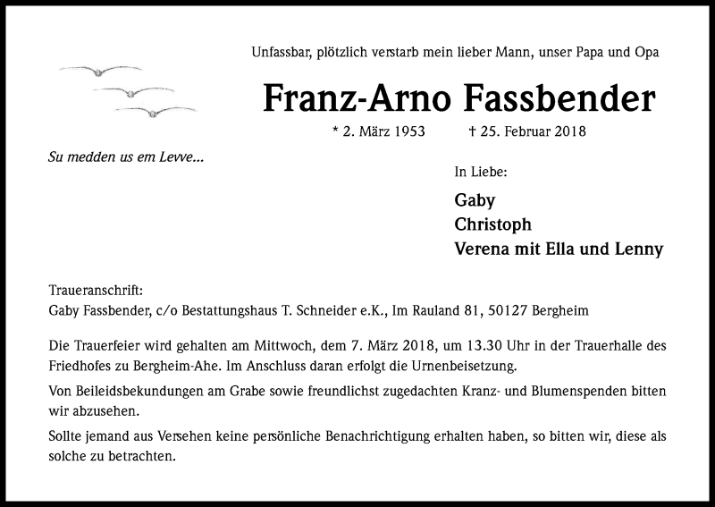  Traueranzeige für Franz-Arno Fassbender vom 03.03.2018 aus Kölner Stadt-Anzeiger / Kölnische Rundschau / Express