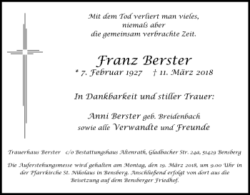 Anzeige von Franz Berster von Kölner Stadt-Anzeiger / Kölnische Rundschau / Express