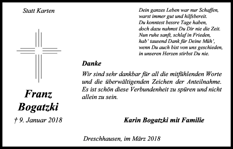  Traueranzeige für Franz Bogatzki vom 02.03.2018 aus Kölner Stadt-Anzeiger / Kölnische Rundschau / Express