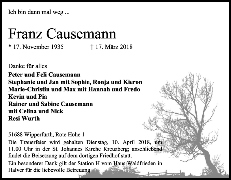 Traueranzeige für Franz Causemann vom 21.03.2018 aus Kölner Stadt-Anzeiger / Kölnische Rundschau / Express