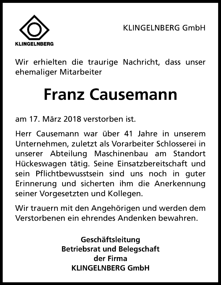  Traueranzeige für Franz Causemann vom 23.03.2018 aus Kölner Stadt-Anzeiger / Kölnische Rundschau / Express