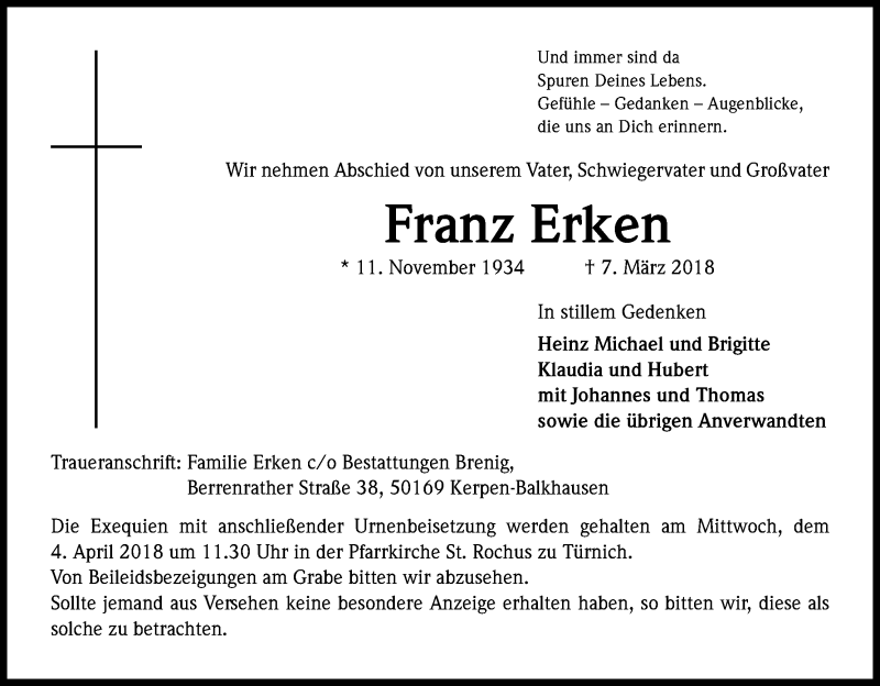  Traueranzeige für Franz Erken vom 31.03.2018 aus Kölner Stadt-Anzeiger / Kölnische Rundschau / Express