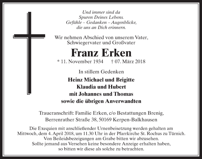  Traueranzeige für Franz Erken vom 28.03.2018 aus  Werbepost 