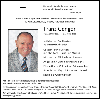 Anzeige von Franz Genger von Kölner Stadt-Anzeiger / Kölnische Rundschau / Express