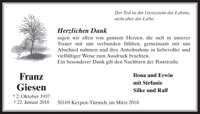  Traueranzeige für Franz Giesen vom 07.03.2018 aus  Werbepost 