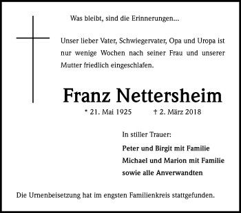 Anzeige von Franz Nettersheim von Kölner Stadt-Anzeiger / Kölnische Rundschau / Express