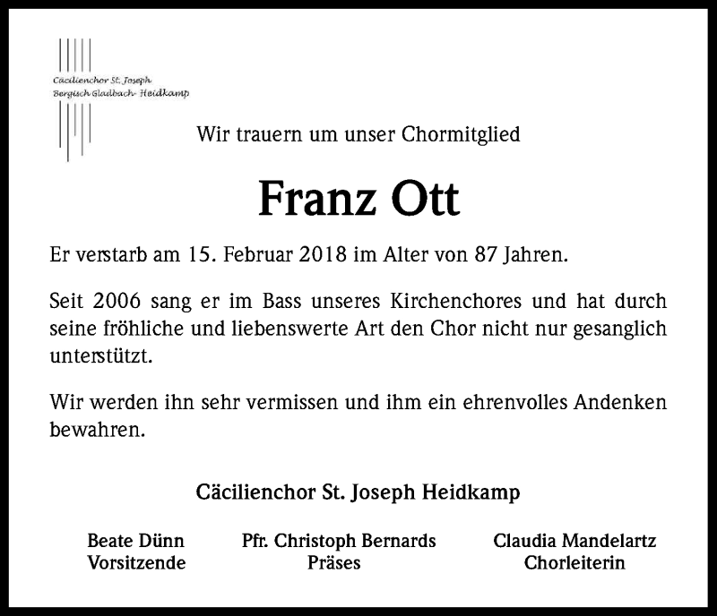  Traueranzeige für Franz Ott vom 08.03.2018 aus Kölner Stadt-Anzeiger / Kölnische Rundschau / Express