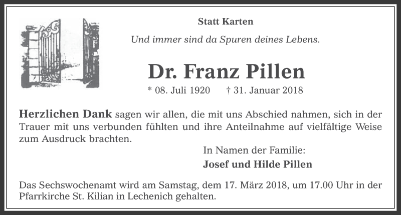  Traueranzeige für Franz Pillen vom 07.03.2018 aus  Werbepost 