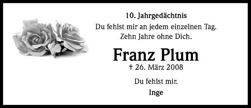  Traueranzeige für Franz Plum vom 26.03.2018 aus Kölner Stadt-Anzeiger / Kölnische Rundschau / Express