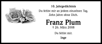 Anzeige von Franz Plum von Kölner Stadt-Anzeiger / Kölnische Rundschau / Express