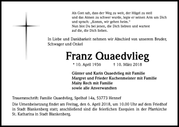 Anzeige von Franz Quaedvlieg von Kölner Stadt-Anzeiger / Kölnische Rundschau / Express
