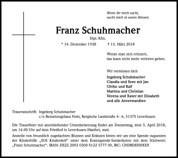 Anzeige von Franz Schuhmacher von Kölner Stadt-Anzeiger / Kölnische Rundschau / Express