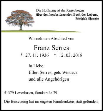 Anzeige von Franz Serres von Kölner Stadt-Anzeiger / Kölnische Rundschau / Express