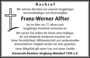 Anzeige von Franz-Werner Alfter von  Rhein-Sieg-Wochenende 