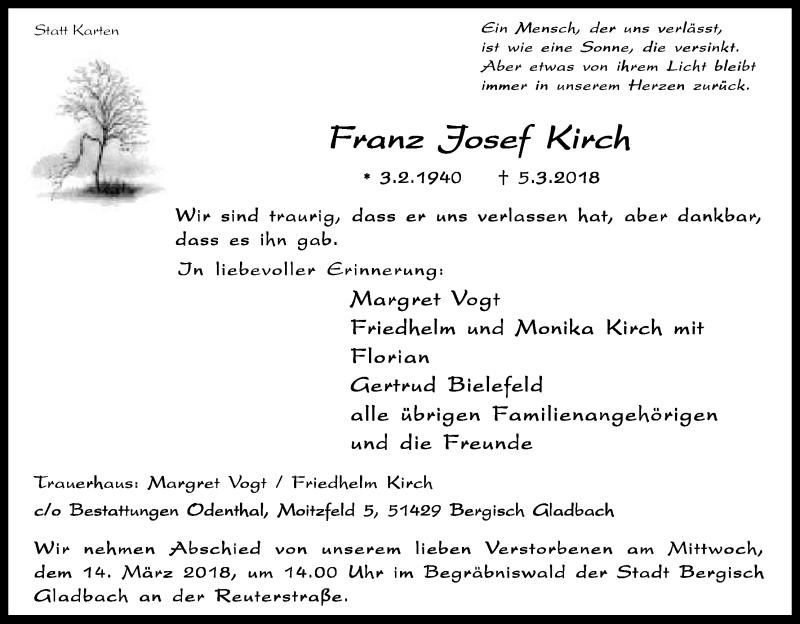  Traueranzeige für Franz Josef Kirch vom 10.03.2018 aus Kölner Stadt-Anzeiger / Kölnische Rundschau / Express