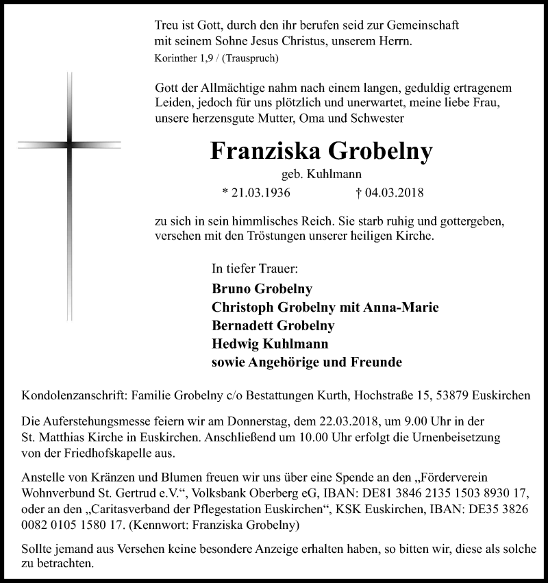  Traueranzeige für Franziska Grobelny vom 17.03.2018 aus Kölner Stadt-Anzeiger / Kölnische Rundschau / Express