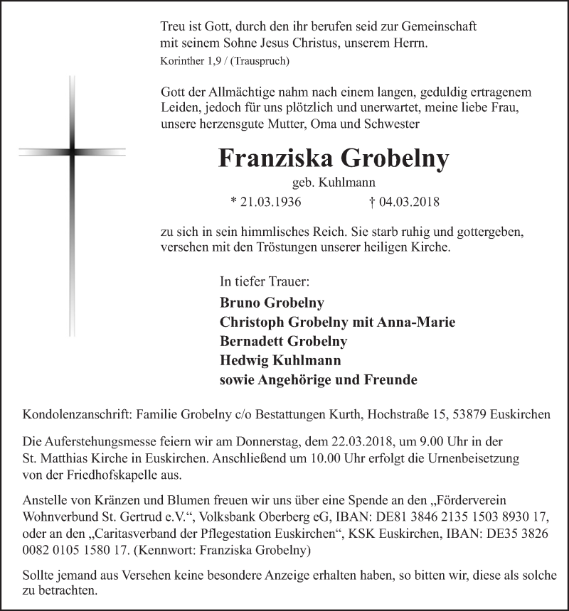  Traueranzeige für Franziska Grobelny vom 17.03.2018 aus  Blickpunkt Euskirchen 
