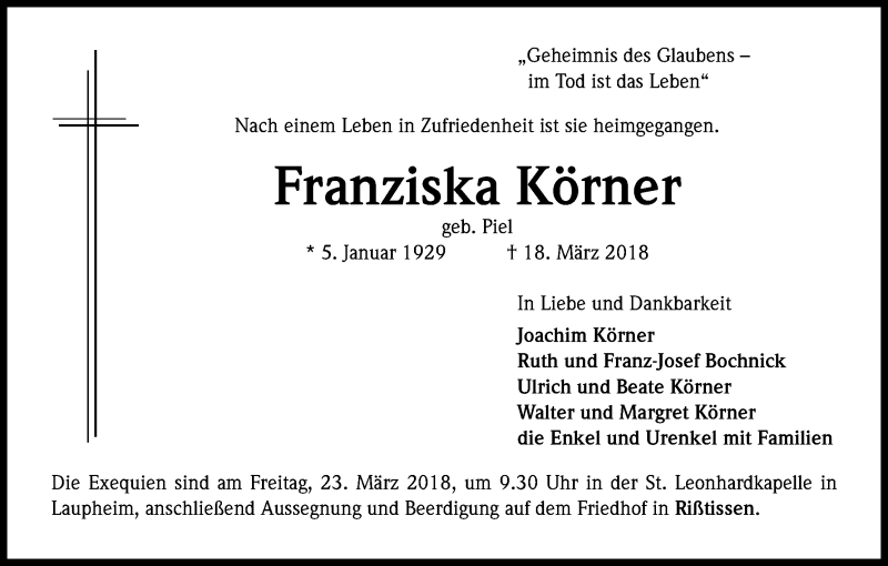  Traueranzeige für Franziska Körner vom 21.03.2018 aus Kölner Stadt-Anzeiger / Kölnische Rundschau / Express