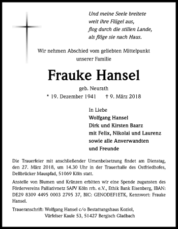 Anzeige von Frauke Hansel von Kölner Stadt-Anzeiger / Kölnische Rundschau / Express