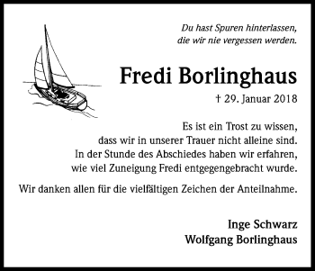 Anzeige von Fredi Borlinghaus von Kölner Stadt-Anzeiger / Kölnische Rundschau / Express