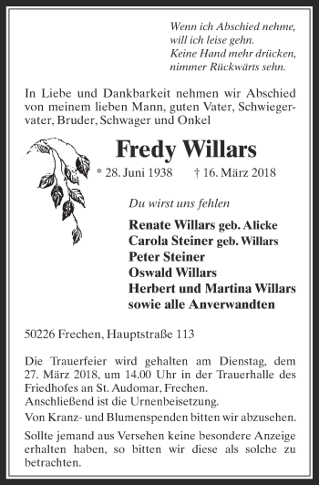 Anzeige von Fredy Willars von  Wochenende 