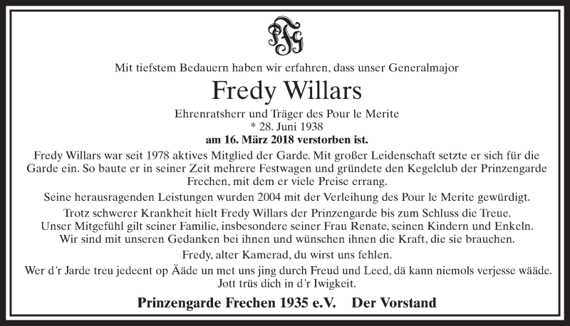  Traueranzeige für Fredy Willars vom 24.03.2018 aus  Sonntags-Post 