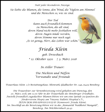 Anzeige von Frieda Klein von Kölner Stadt-Anzeiger / Kölnische Rundschau / Express