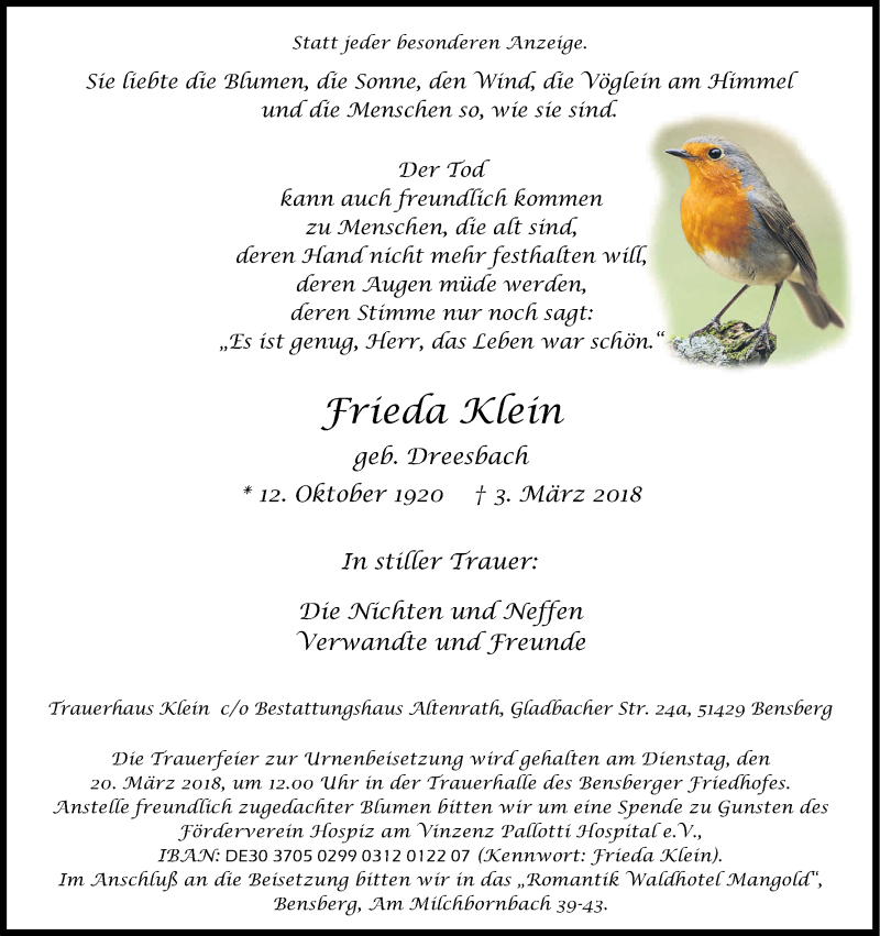  Traueranzeige für Frieda Klein vom 14.03.2018 aus Kölner Stadt-Anzeiger / Kölnische Rundschau / Express
