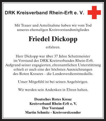 Anzeige von Friedel Dickopp von  Wochenende  Schlossbote/Werbekurier  Werbepost 