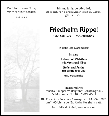 Anzeige von Friedhelm Rippel von Kölner Stadt-Anzeiger / Kölnische Rundschau / Express
