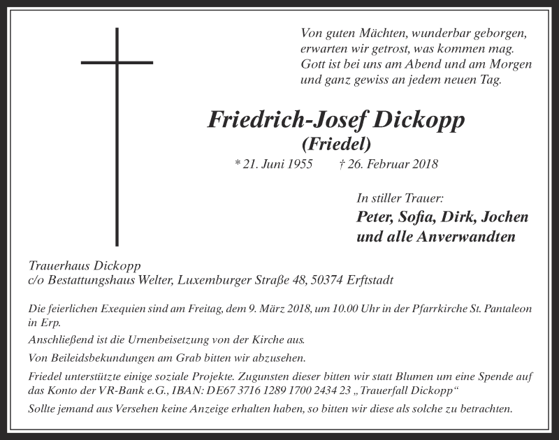 Traueranzeige für Friedrich-Josef Dickopp vom 07.03.2018 aus  Werbepost 