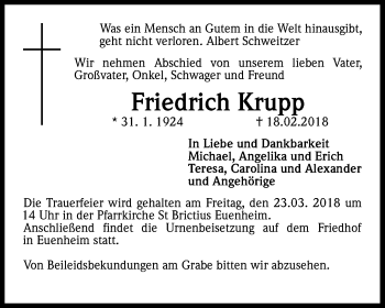 Anzeige von Friedrich Krupp von Kölner Stadt-Anzeiger / Kölnische Rundschau / Express