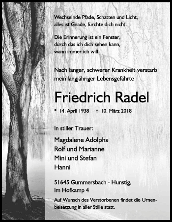 Anzeige von Friedrich Radel von Kölner Stadt-Anzeiger / Kölnische Rundschau / Express