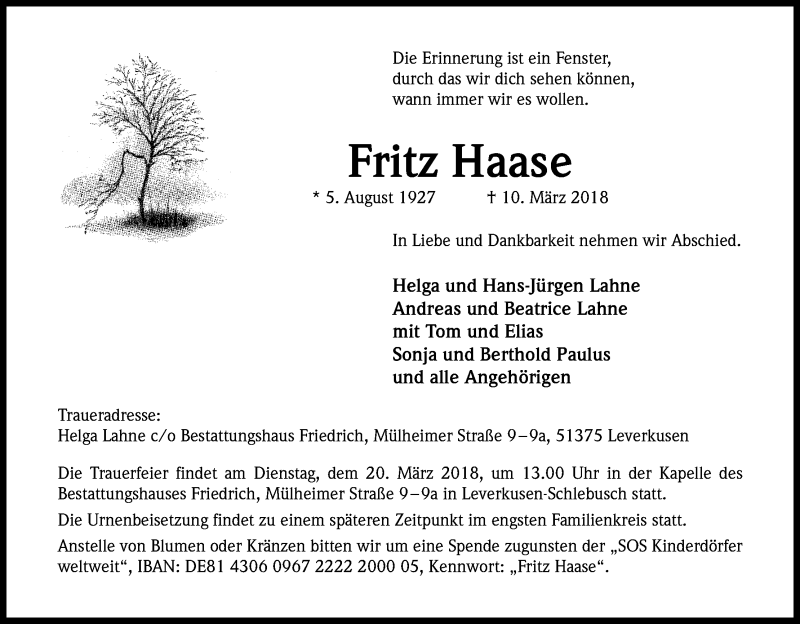  Traueranzeige für Fritz Haase vom 16.03.2018 aus Kölner Stadt-Anzeiger / Kölnische Rundschau / Express