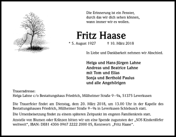 Anzeige von Fritz Haase von Kölner Stadt-Anzeiger / Kölnische Rundschau / Express