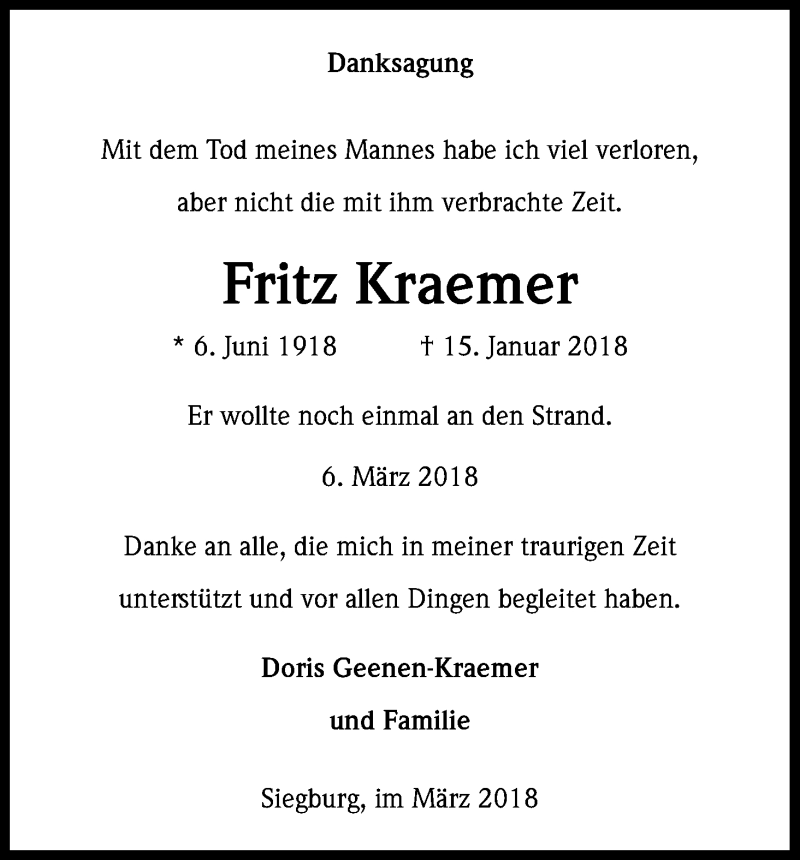  Traueranzeige für Fritz Kraemer vom 31.03.2018 aus Kölner Stadt-Anzeiger / Kölnische Rundschau / Express