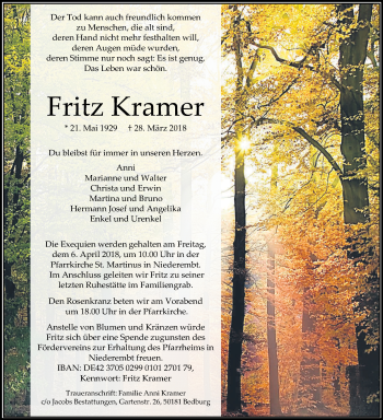 Anzeige von Fritz Kramer von Kölner Stadt-Anzeiger / Kölnische Rundschau / Express