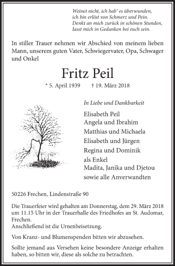Anzeige von Fritz Peil von  Sonntags-Post 