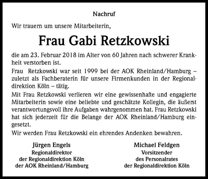  Traueranzeige für Gabi Retzkowski vom 07.03.2018 aus Kölner Stadt-Anzeiger / Kölnische Rundschau / Express