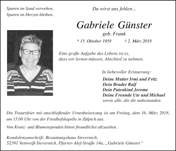 Anzeige von Gabriele Günster von  Blickpunkt Euskirchen 