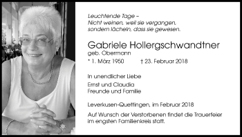 Anzeige von Gabriele Hollergschwandtner von Kölner Stadt-Anzeiger / Kölnische Rundschau / Express