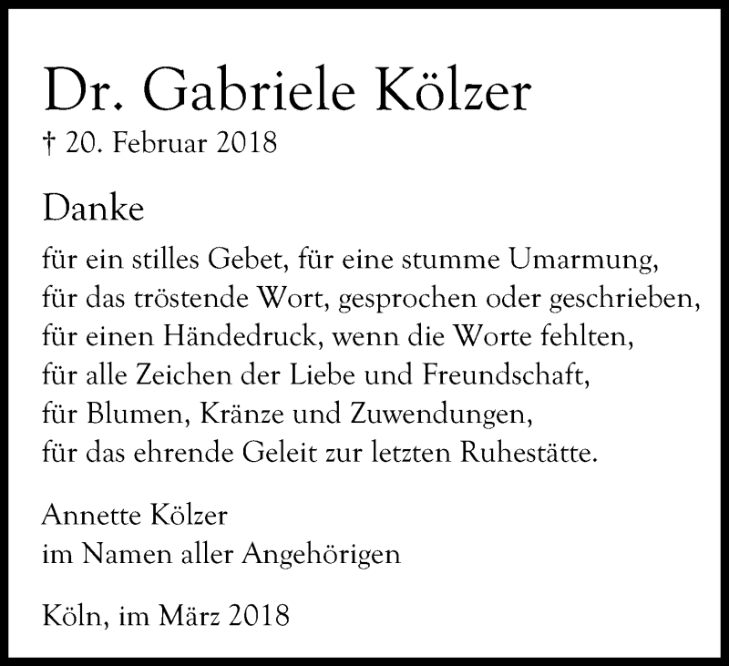  Traueranzeige für Gabriele Kölzer vom 24.03.2018 aus Kölner Stadt-Anzeiger / Kölnische Rundschau / Express