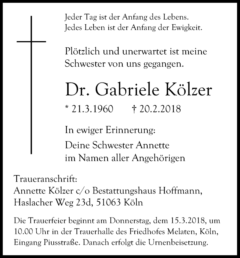  Traueranzeige für Gabriele Kölzer vom 12.03.2018 aus Kölner Stadt-Anzeiger / Kölnische Rundschau / Express