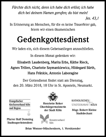 Anzeige von Gedenkgottesdienst 20.03.2018 von Kölner Stadt-Anzeiger / Kölnische Rundschau / Express