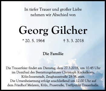 Anzeige von Georg Gilcher von Kölner Stadt-Anzeiger / Kölnische Rundschau / Express